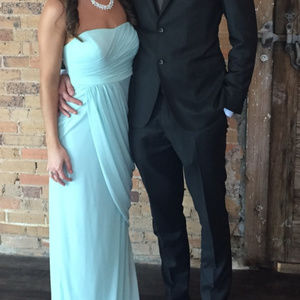 mint green strapless maxi bridesmaid dress